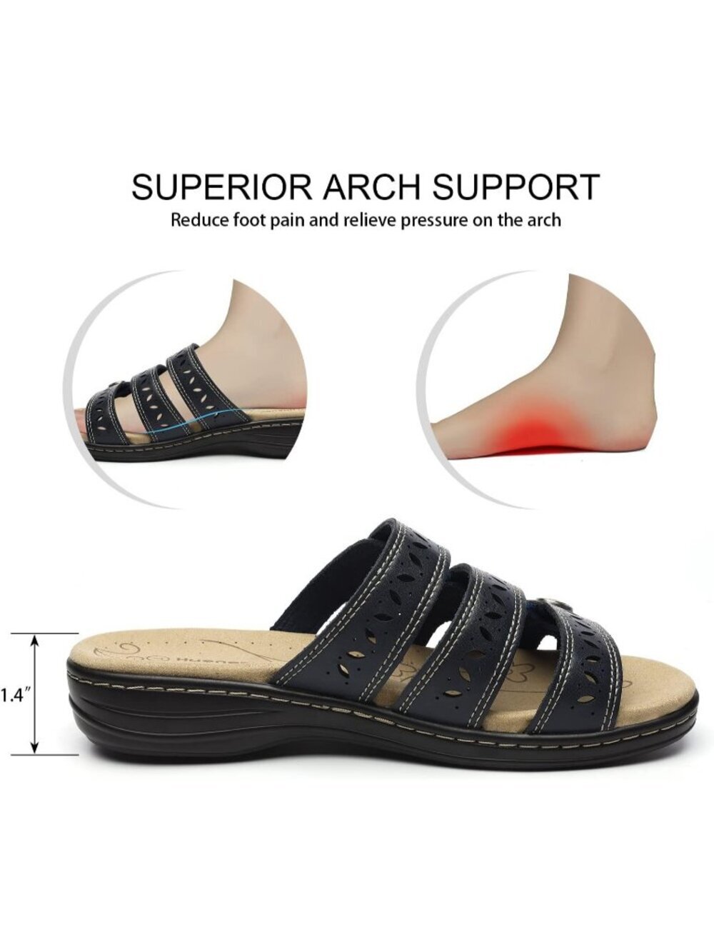 Women's Comfort Leather Slides Flat Sandals Navy Slip On Casual Walking Slippers - Picture 5 of 6